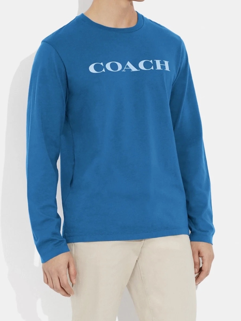 Coach Essential Long Sleeve T-Shirt Blue White Logo Organic Cotton XL